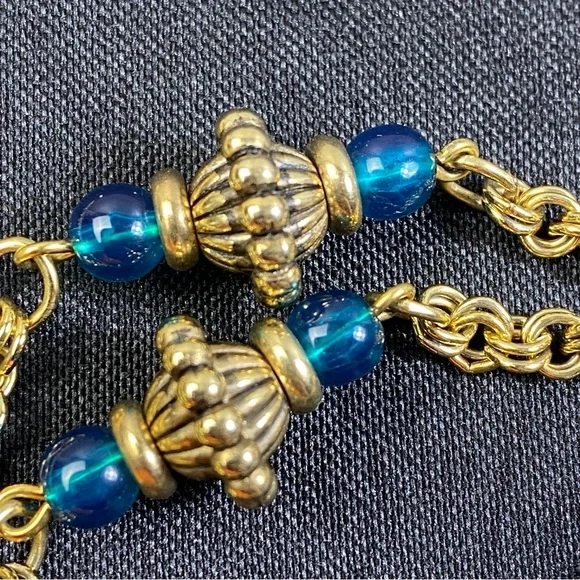 Vintage 1928 Chain Necklace Gold Tone Faux Pearl & Blue Green Cabochons 28" - Picture 9 of 12